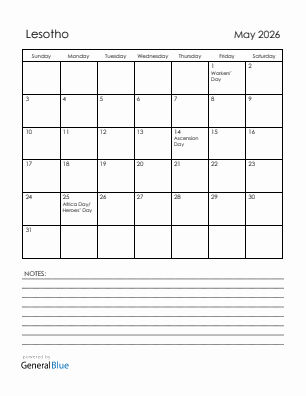 Current month calendar with Lesotho holidays for May 2026