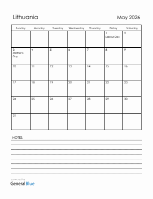 Current month calendar with Lithuania holidays for May 2026