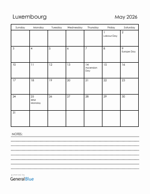 Current month calendar with Luxembourg holidays for May 2026