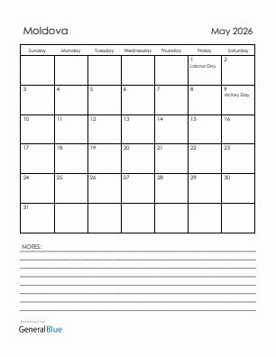 Current month calendar with Moldova holidays for May 2026