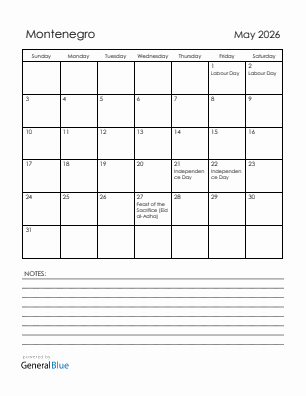 Current month calendar with Montenegro holidays for May 2026