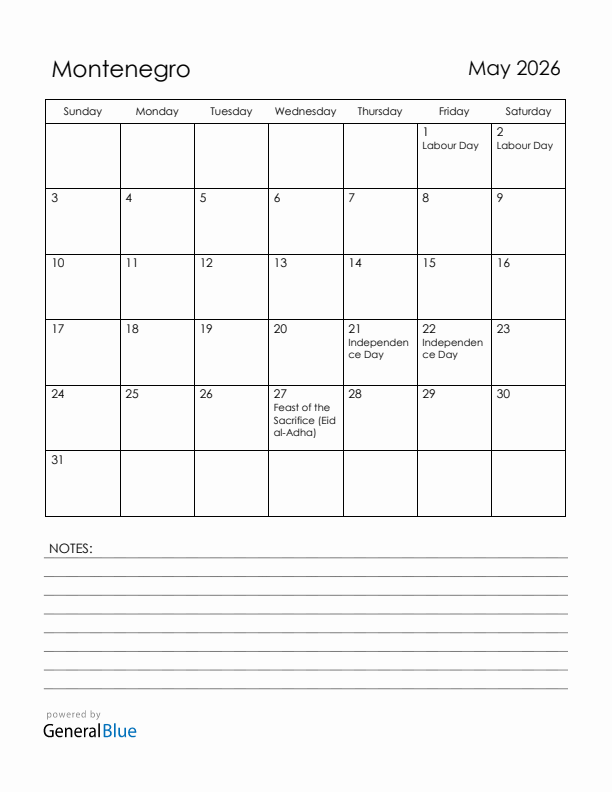 May 2026 Montenegro Calendar with Holidays (Sunday Start)