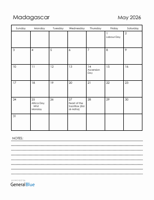 Current month calendar with Madagascar holidays for May 2026
