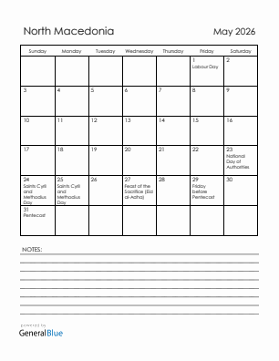 Current month calendar with North Macedonia holidays for May 2026