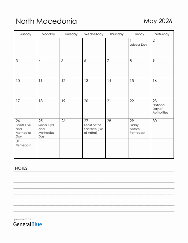 May 2026 North Macedonia Calendar with Holidays (Sunday Start)