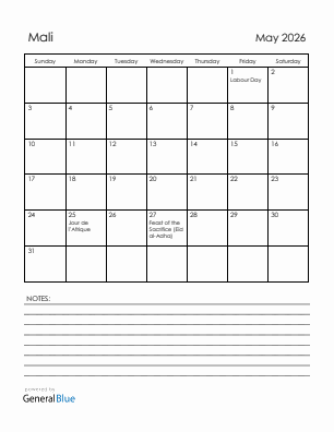 Current month calendar with Mali holidays for May 2026