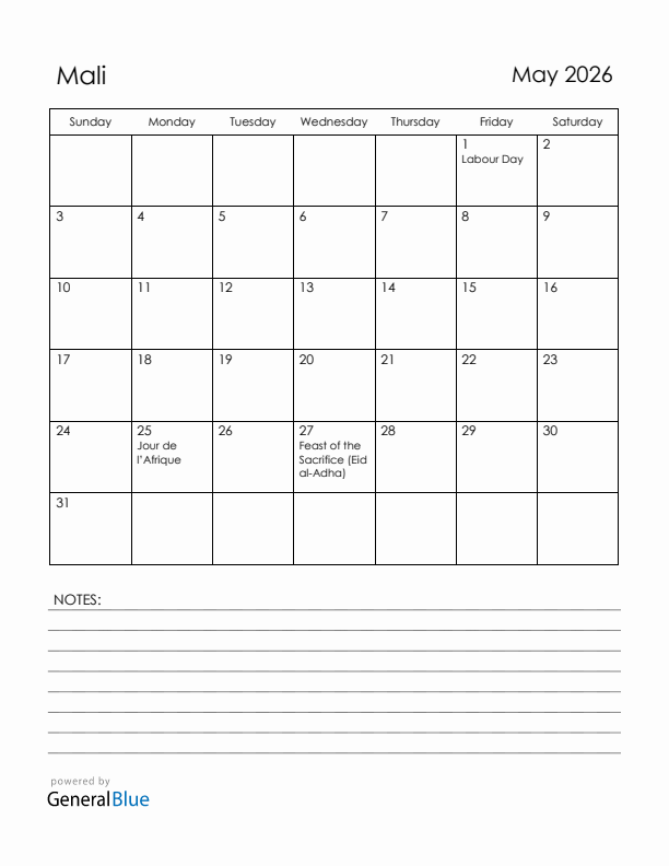 May 2026 Mali Calendar with Holidays (Sunday Start)