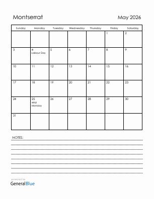 Current month calendar with Montserrat holidays for May 2026