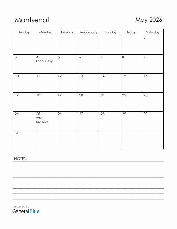 May 2026 Montserrat Calendar with Holidays (Sunday Start)