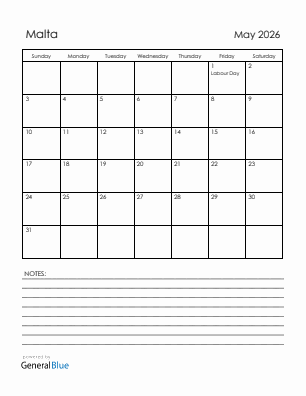 Current month calendar with Malta holidays for May 2026
