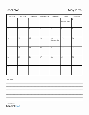 Current month calendar with Malawi holidays for May 2026