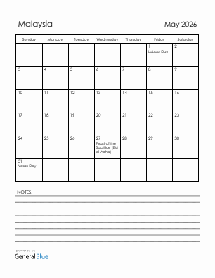 Current month calendar with Malaysia holidays for May 2026