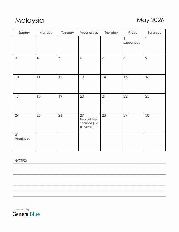 May 2026 Malaysia Calendar with Holidays (Sunday Start)