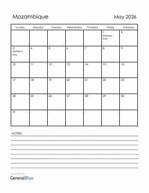 Current month calendar with Mozambique holidays for May 2026