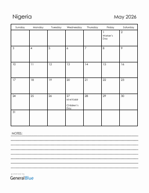 Current month calendar with Nigeria holidays for May 2026