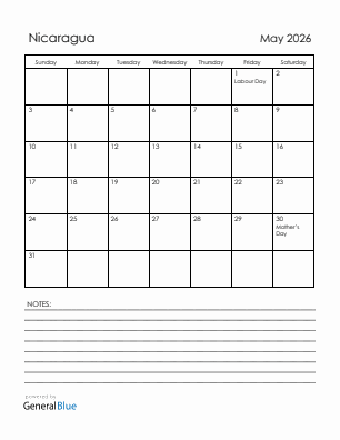 Current month calendar with Nicaragua holidays for May 2026