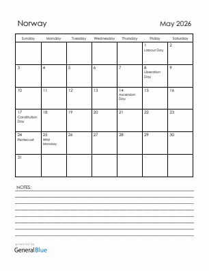 Current month calendar with Norway holidays for May 2026