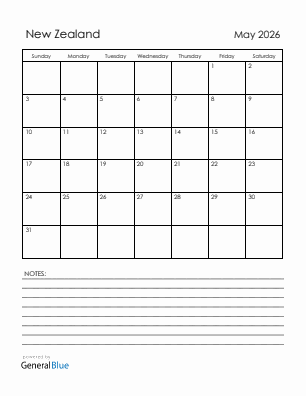 Current month calendar with New Zealand holidays for May 2026