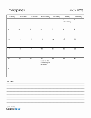 Current month calendar with Philippines holidays for May 2026