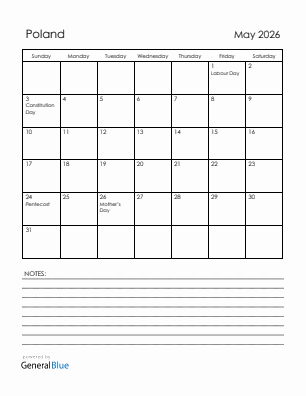 Current month calendar with Poland holidays for May 2026