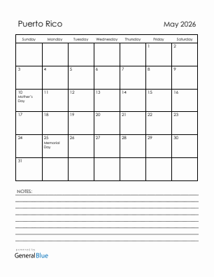Current month calendar with Puerto Rico holidays for May 2026