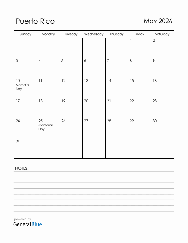 May 2026 Puerto Rico Calendar with Holidays (Sunday Start)