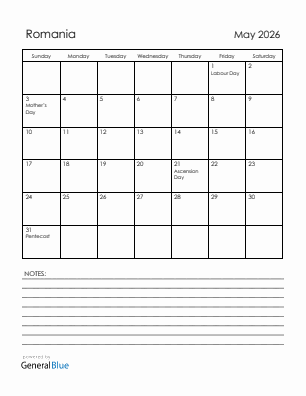 Current month calendar with Romania holidays for May 2026