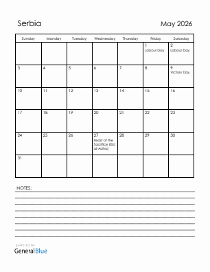 Current month calendar with Serbia holidays for May 2026