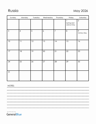 Current month calendar with Russia holidays for May 2026