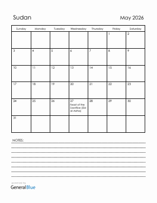 Current month calendar with Sudan holidays for May 2026