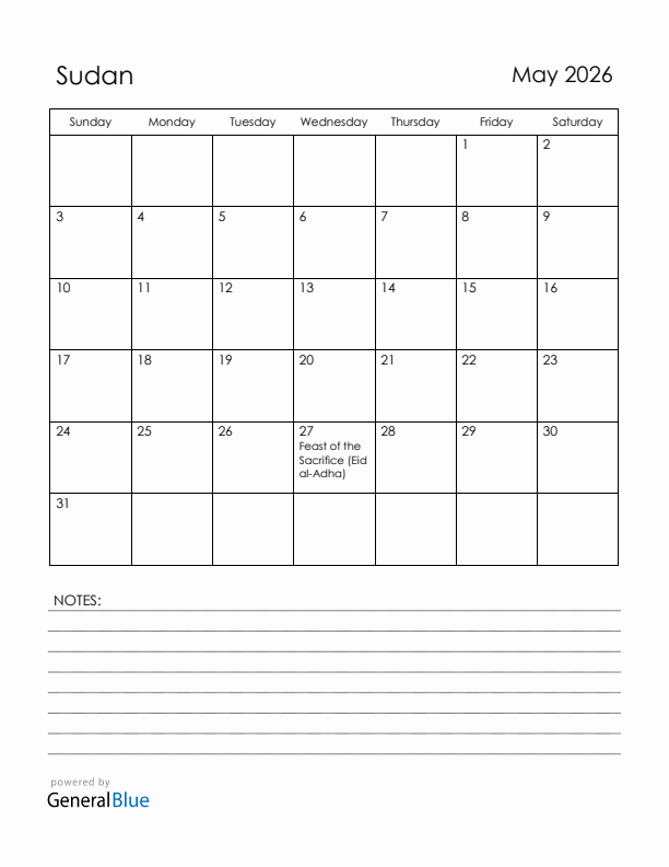 May 2026 Sudan Calendar with Holidays (Sunday Start)