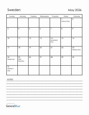 Current month calendar with Sweden holidays for May 2026