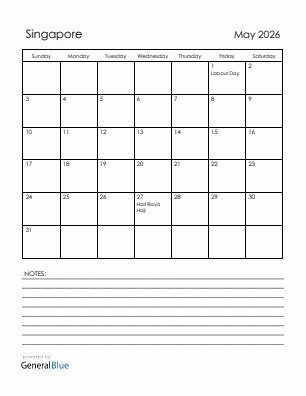 Current month calendar with Singapore holidays for May 2026