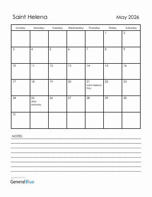 Current month calendar with Saint Helena holidays for May 2026