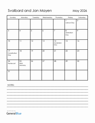 Current month calendar with Svalbard and Jan Mayen holidays for May 2026
