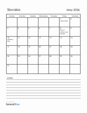 Current month calendar with Slovakia holidays for May 2026