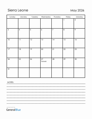 Current month calendar with Sierra Leone holidays for May 2026