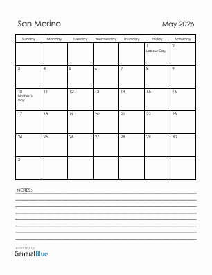 Current month calendar with San Marino holidays for May 2026