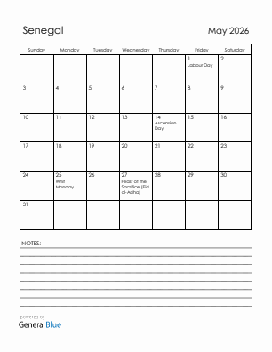 Current month calendar with Senegal holidays for May 2026