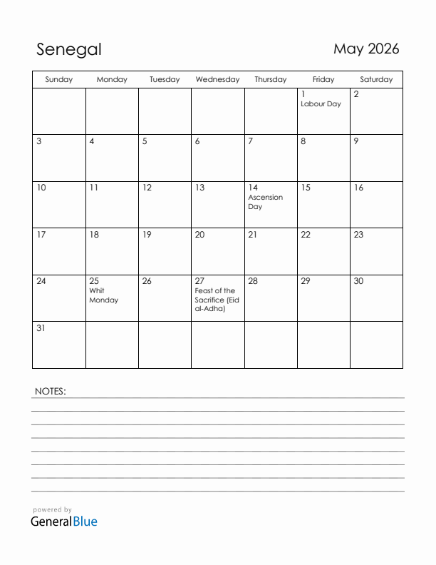 May 2026 Senegal Calendar with Holidays (Sunday Start)
