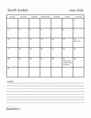 Current month calendar with South Sudan holidays for May 2026