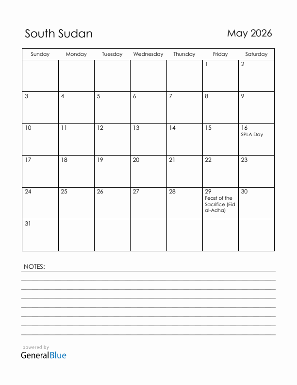 May 2026 South Sudan Calendar with Holidays (Sunday Start)