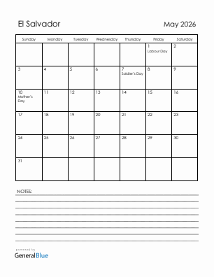 Current month calendar with El Salvador holidays for May 2026