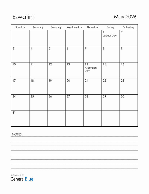 May 2026 Eswatini Calendar with Holidays (Sunday Start)
