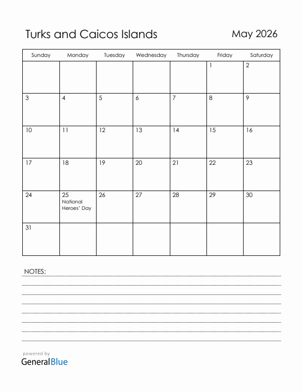 May 2026 Turks and Caicos Islands Calendar with Holidays (Sunday Start)