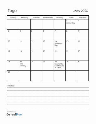 Current month calendar with Togo holidays for May 2026