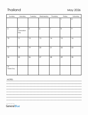 Current month calendar with Thailand holidays for May 2026