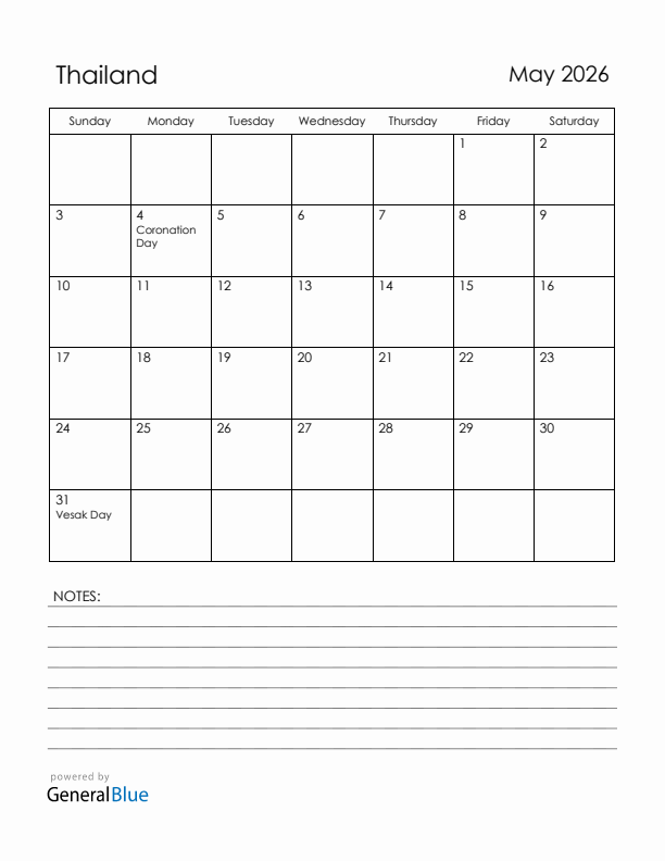 May 2026 Thailand Calendar with Holidays (Sunday Start)