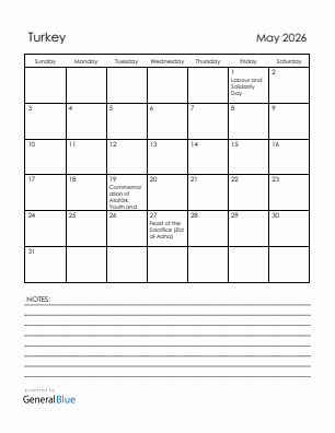 Current month calendar with Turkey holidays for May 2026