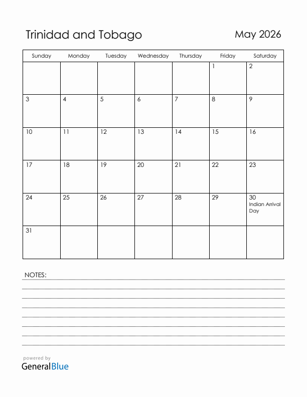 May 2026 Trinidad and Tobago Calendar with Holidays (Sunday Start)